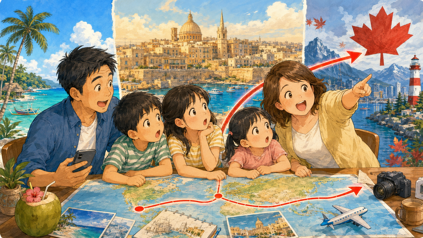 セブ島からマルタへ向かう計画が突然カナダへ変わり驚く家族5人のイラスト