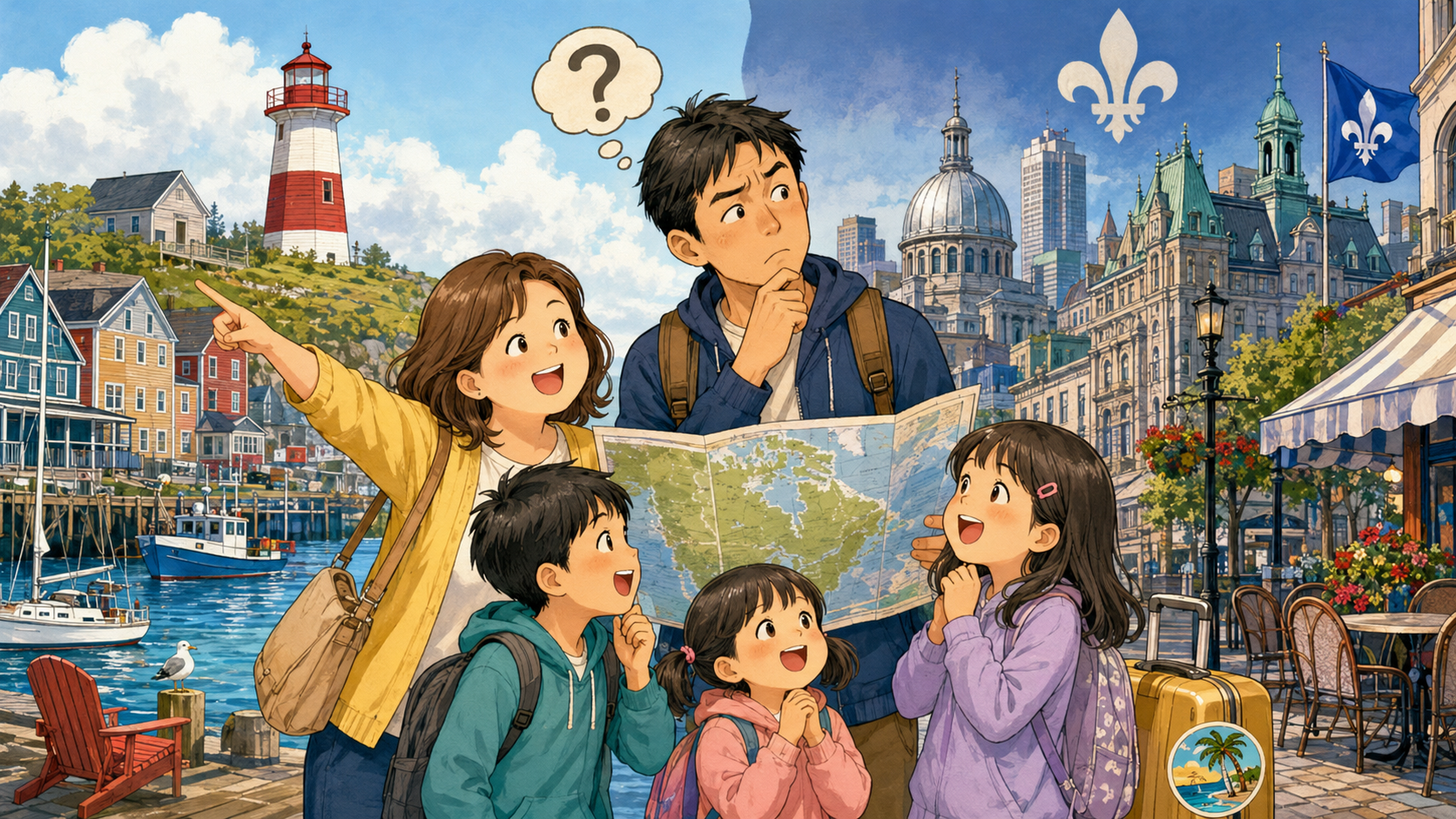ハリファックスとモントリオールを比較する家族5人のイラスト