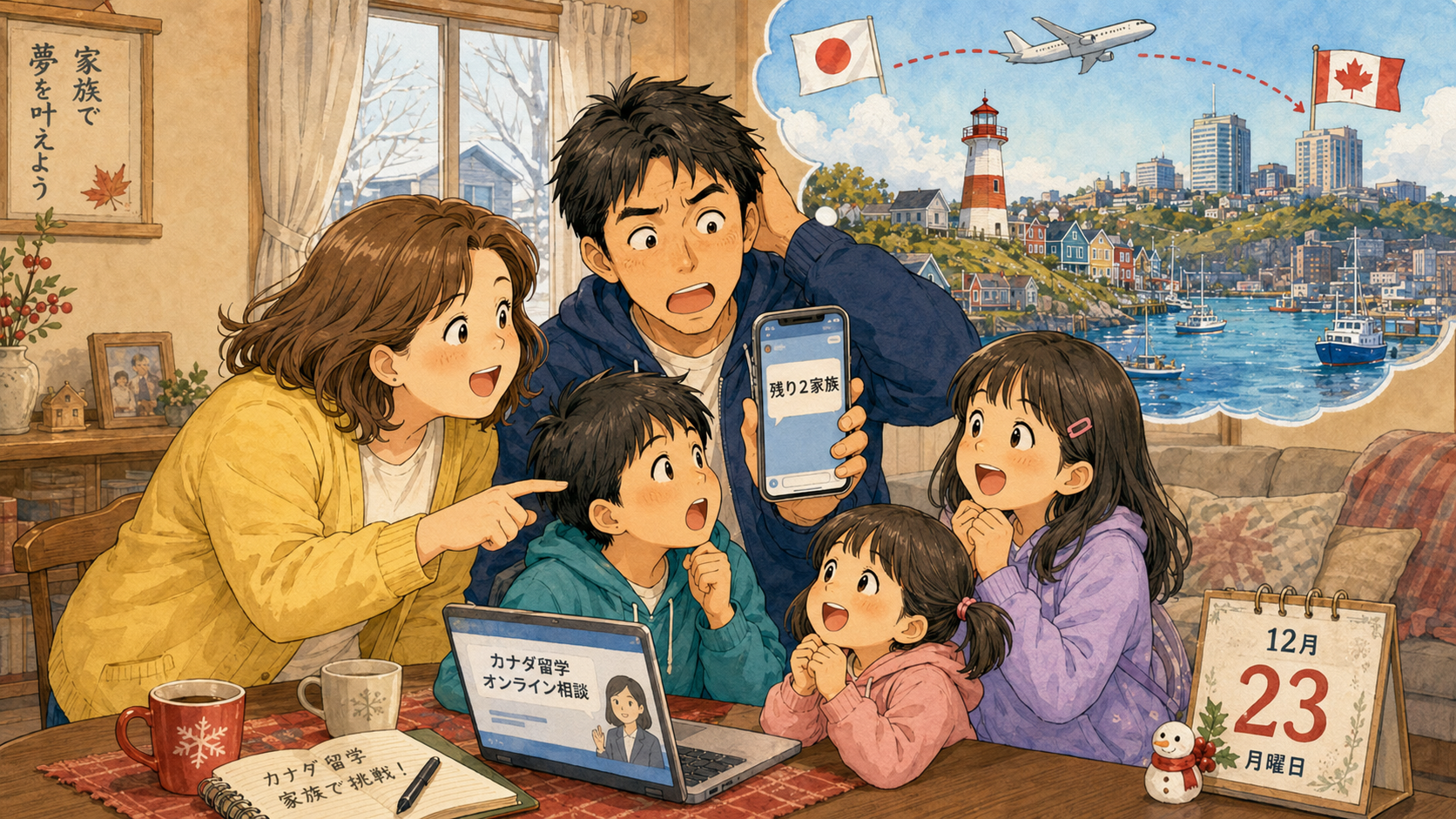 残り2家族の連絡を見て、ハリファックス留学を仮押さえする家族5人のイラスト