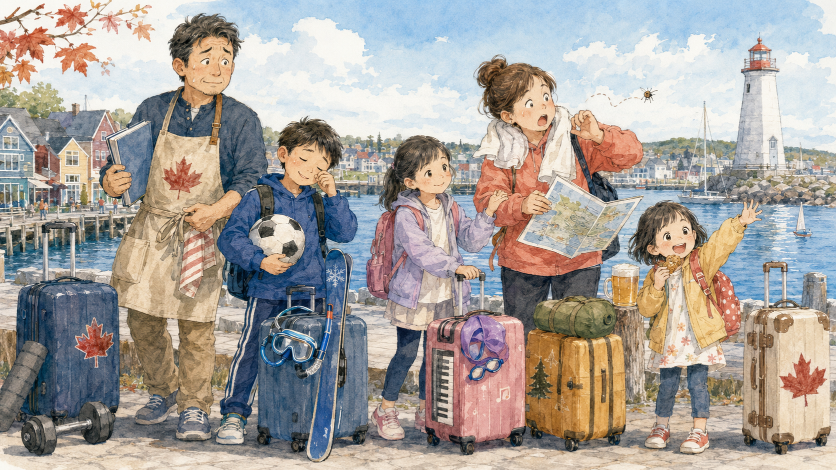 ハリファックス港で留学生活を始めるポニー家5人の水彩イラスト