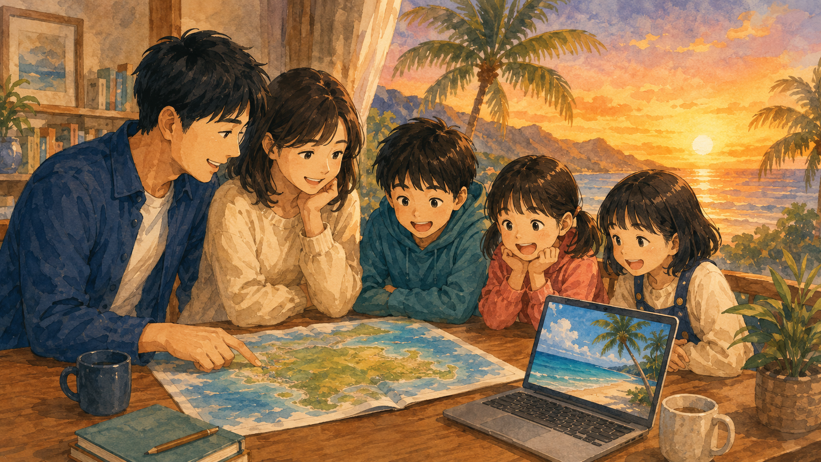 育休中のハワイ生活を計画する家族5人のイラスト