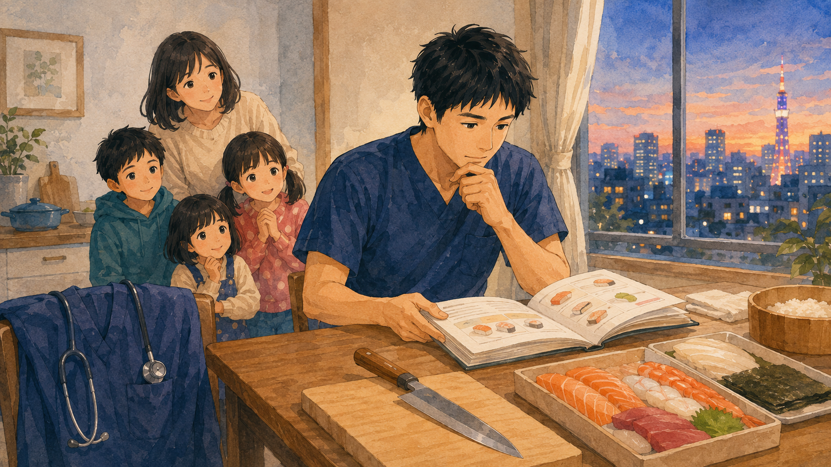 看護師を辞めて寿司職人を目指す父と家族のイラスト