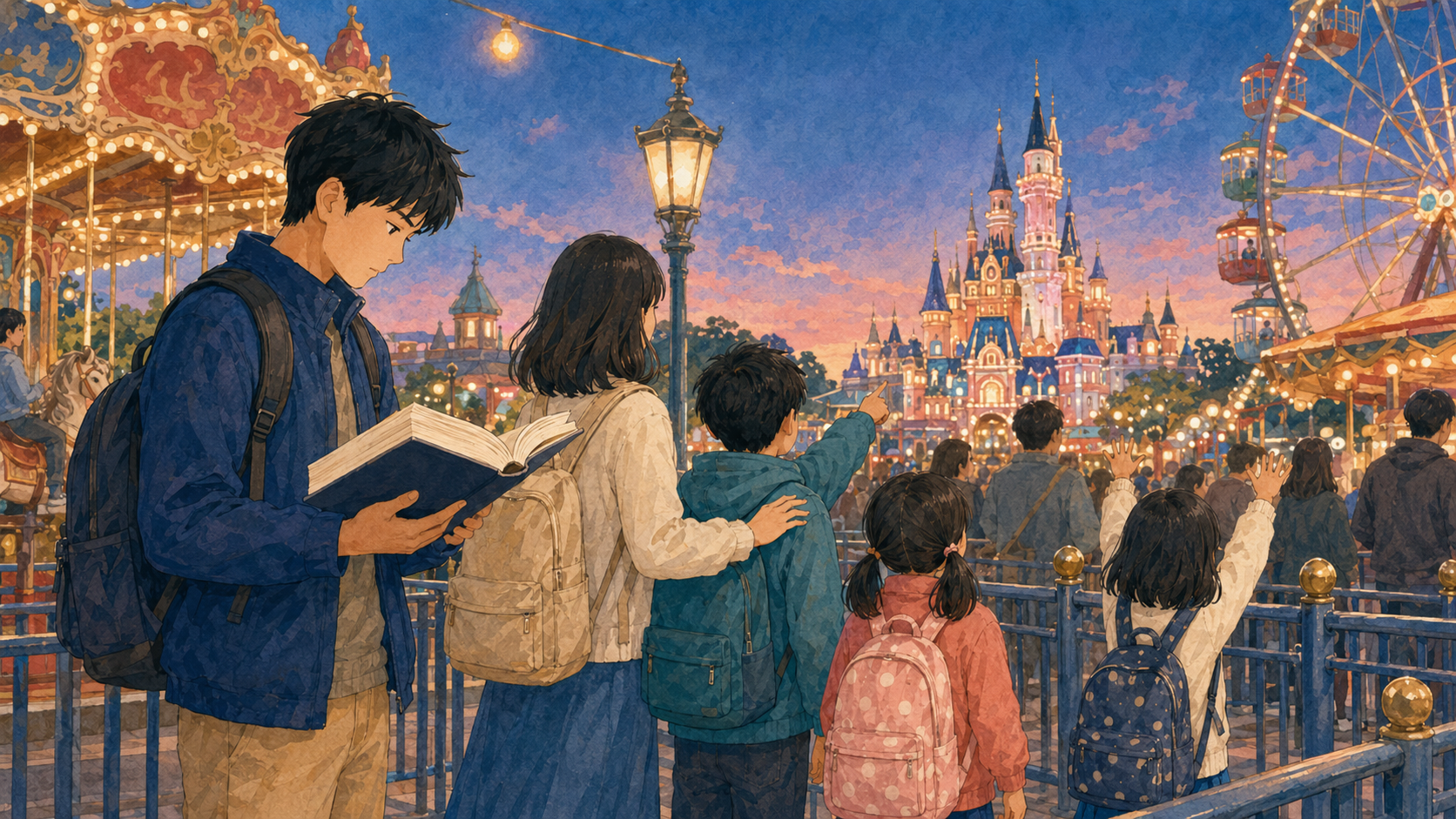 家族旅行中も昇進試験の勉強をする父のイラスト