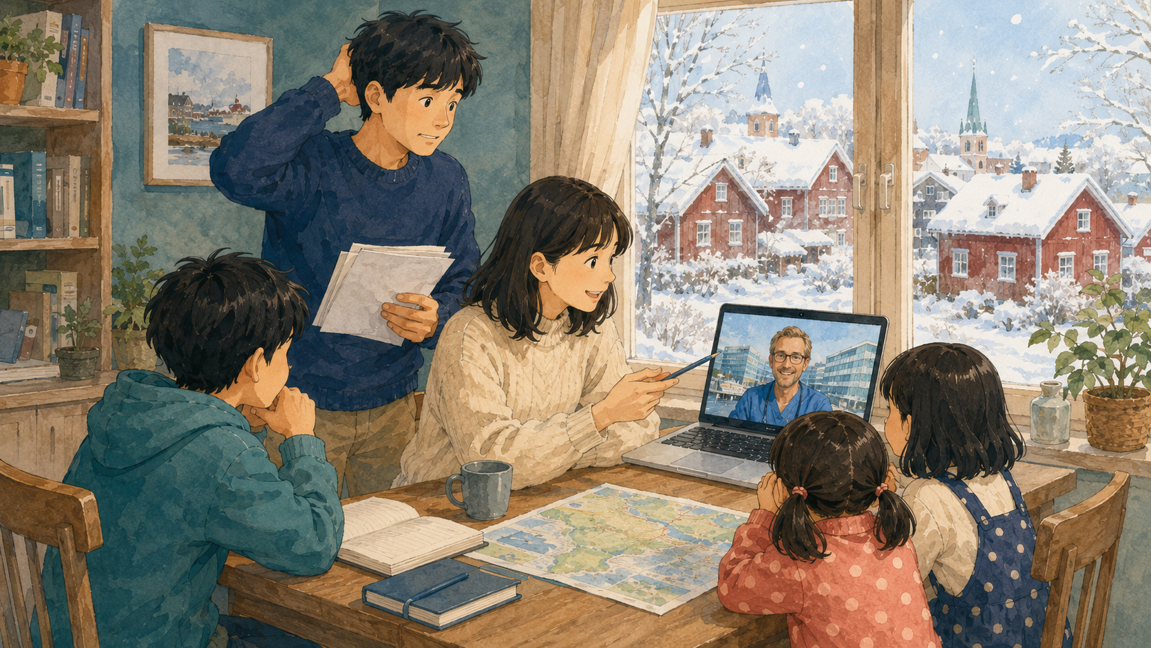 スウェーデンの病院とオンライン面接をする家族のイラスト
