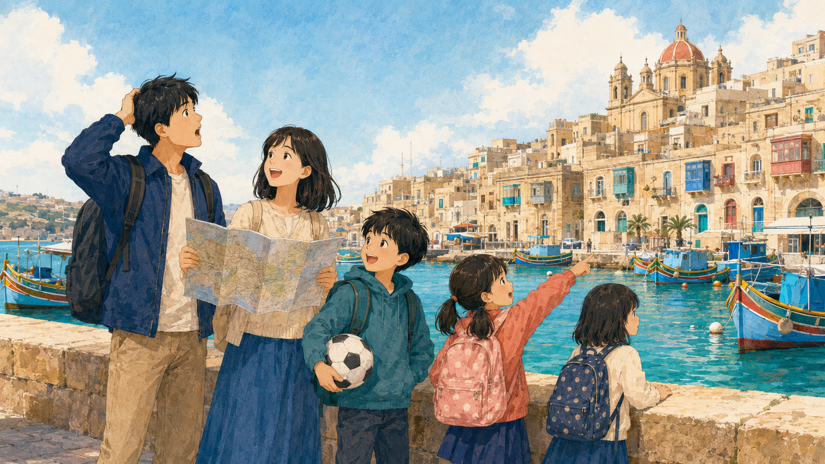マルタの港で留学生活を思い描く家族5人のイラスト