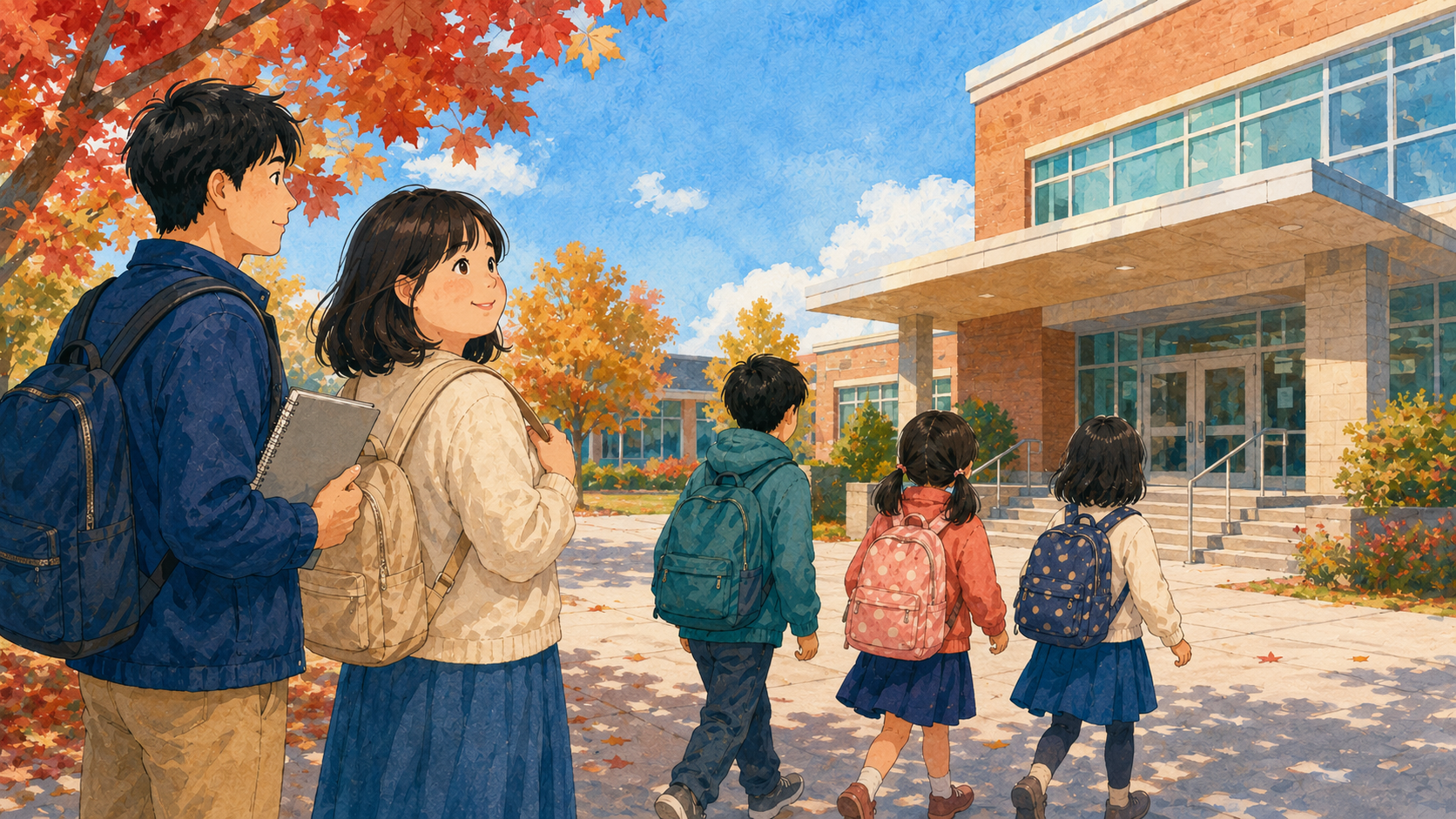 カナダの公立学校へ向かう子どもたちと両親のイラスト