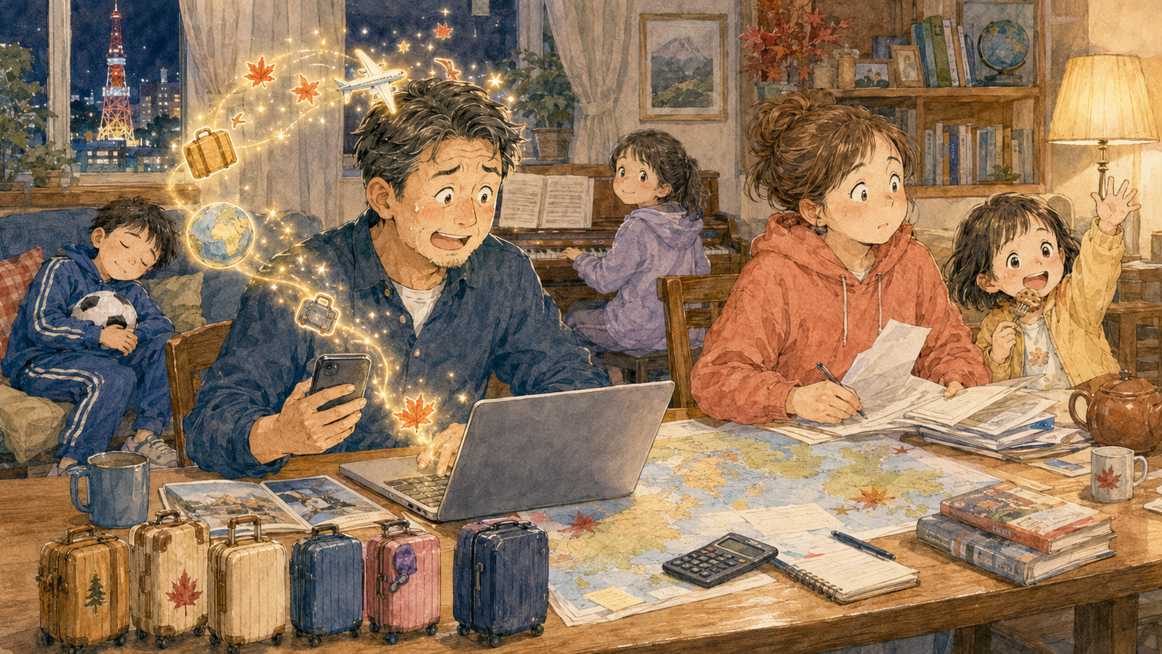留学情報を調べ続けるポニーと、べべ、子ども3人の家族