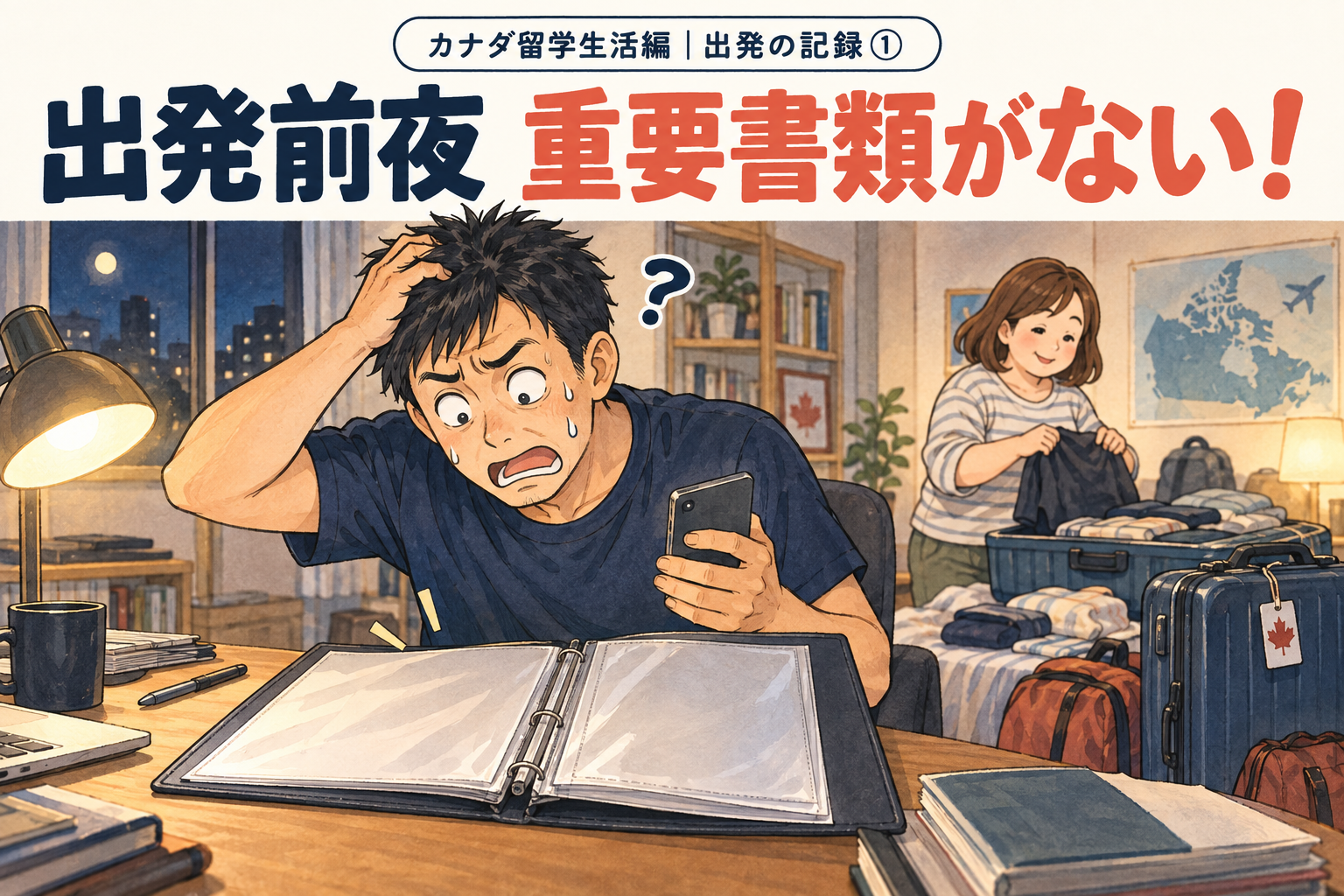 出発前夜、重要書類がないことに気づいて慌てるパパと荷造りをする母のイラスト