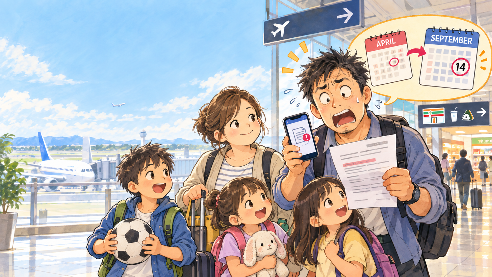 出発当日に学校の書類を受け取り、空港で慌てる家族5人のイラスト