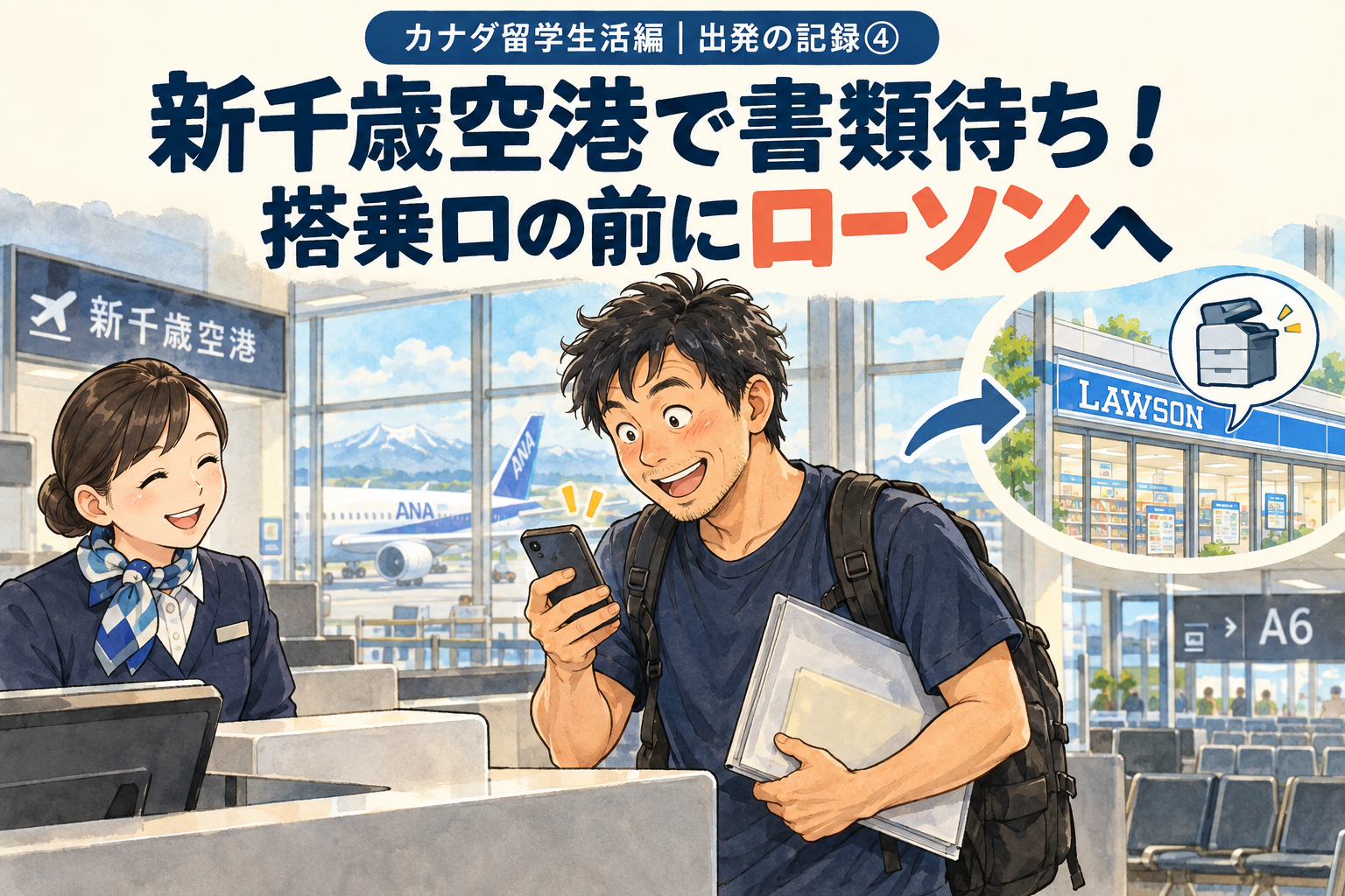 新千歳空港のカウンターで書類の連絡を受けてほっとするパパと、印刷先のローソンを描いたイラスト