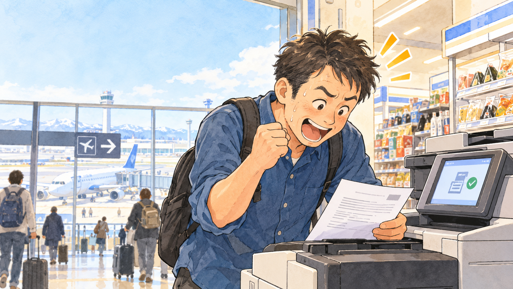 新千歳空港のローソンで、徹夜明けのポニーがコピー機から重要書類を印刷するイラスト