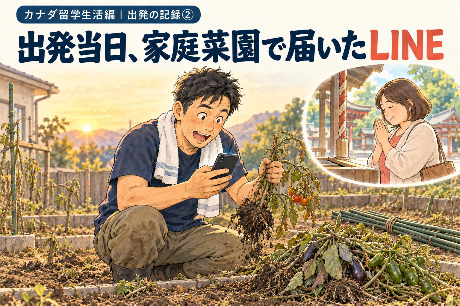 出発当日の朝、トマトやナス、ピーマンの株を抜いて畑を片付けるパパにLINEが届き、母は北海道神宮でお参りするイラスト